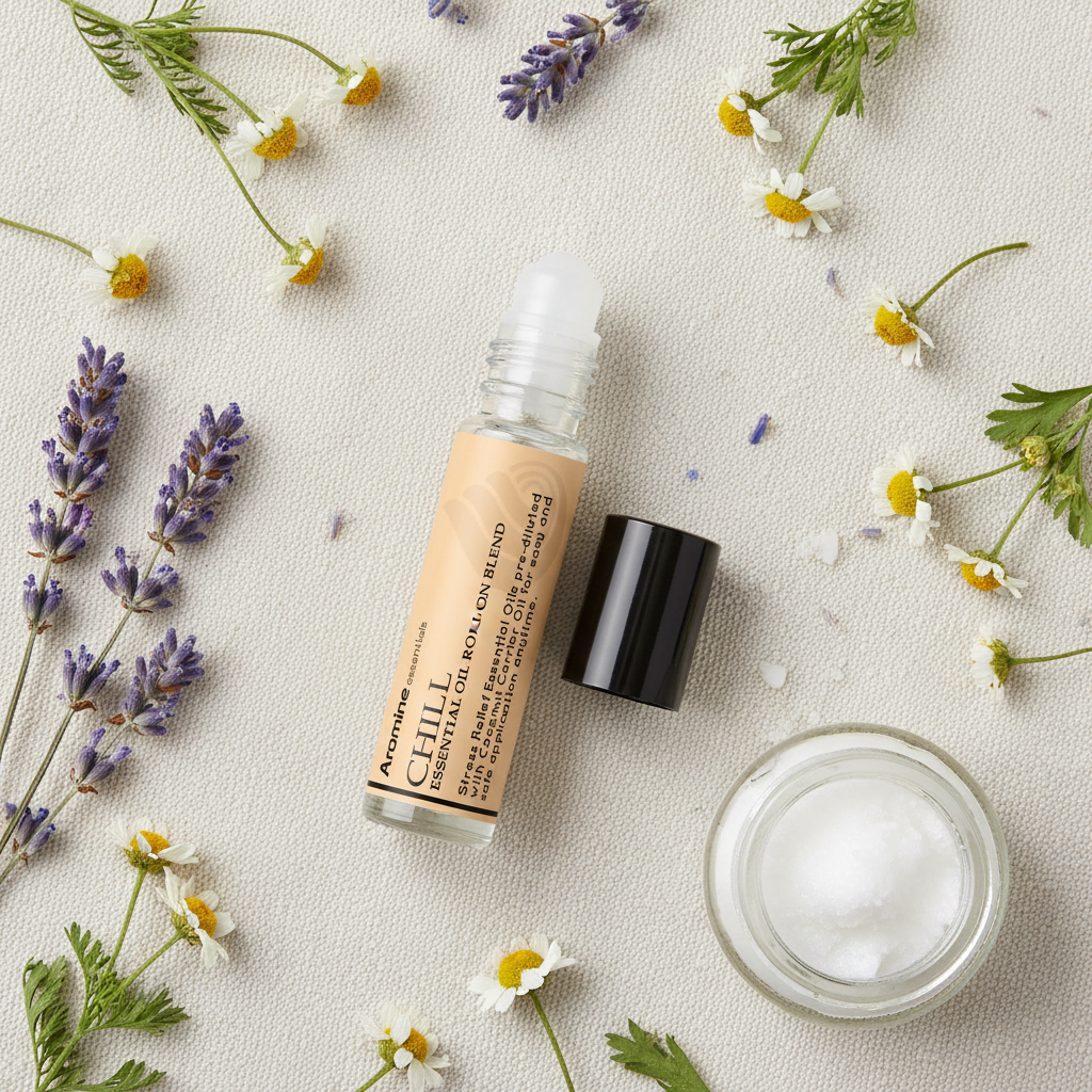 Aromine Essentials Chill Roll-On Blend flat lay on cream linen