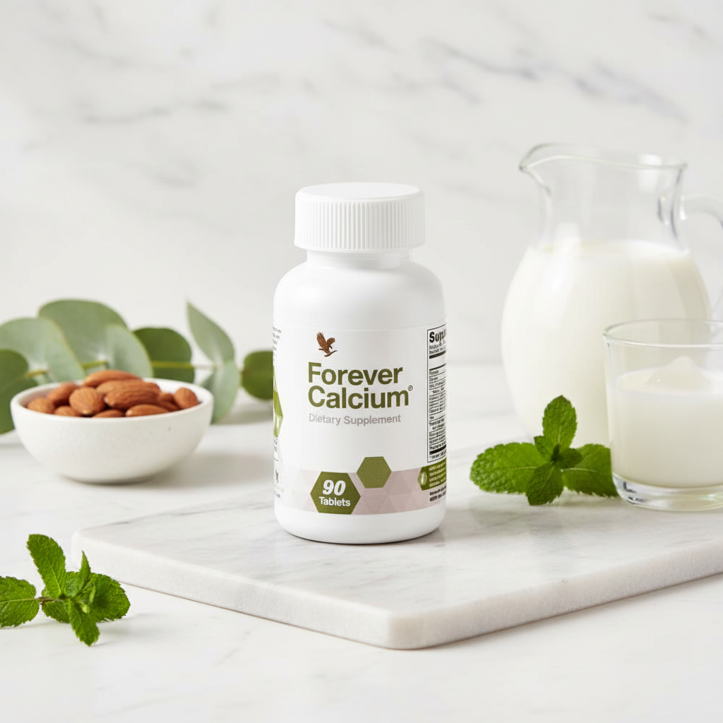 Forever Calcium bottle on white marble with botanicals