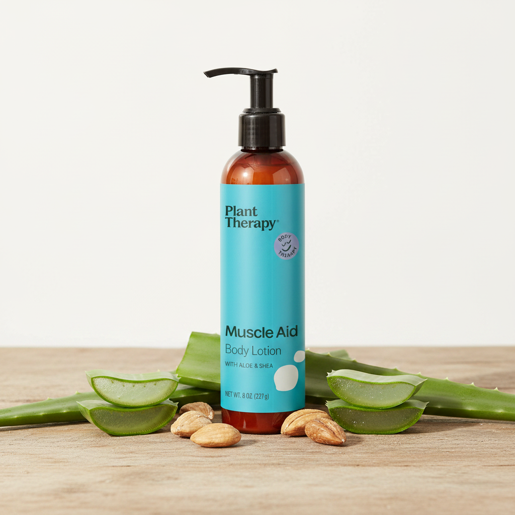 Plant Therapy Muscle Aid Body Lotion with aloe and shea on wood surface