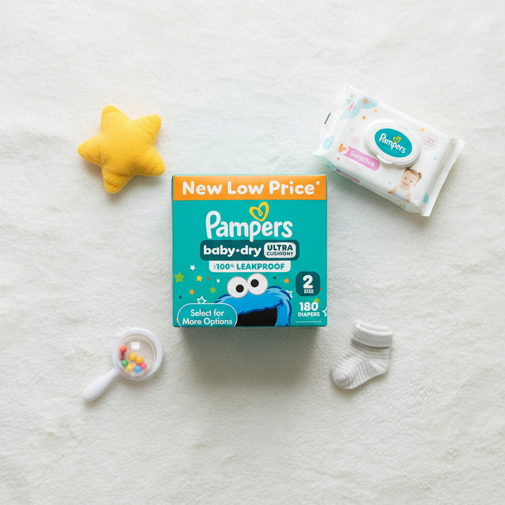 Pampers Baby-Dry Size 2 flat lay with blanket, stuffed animal, wipes and socks