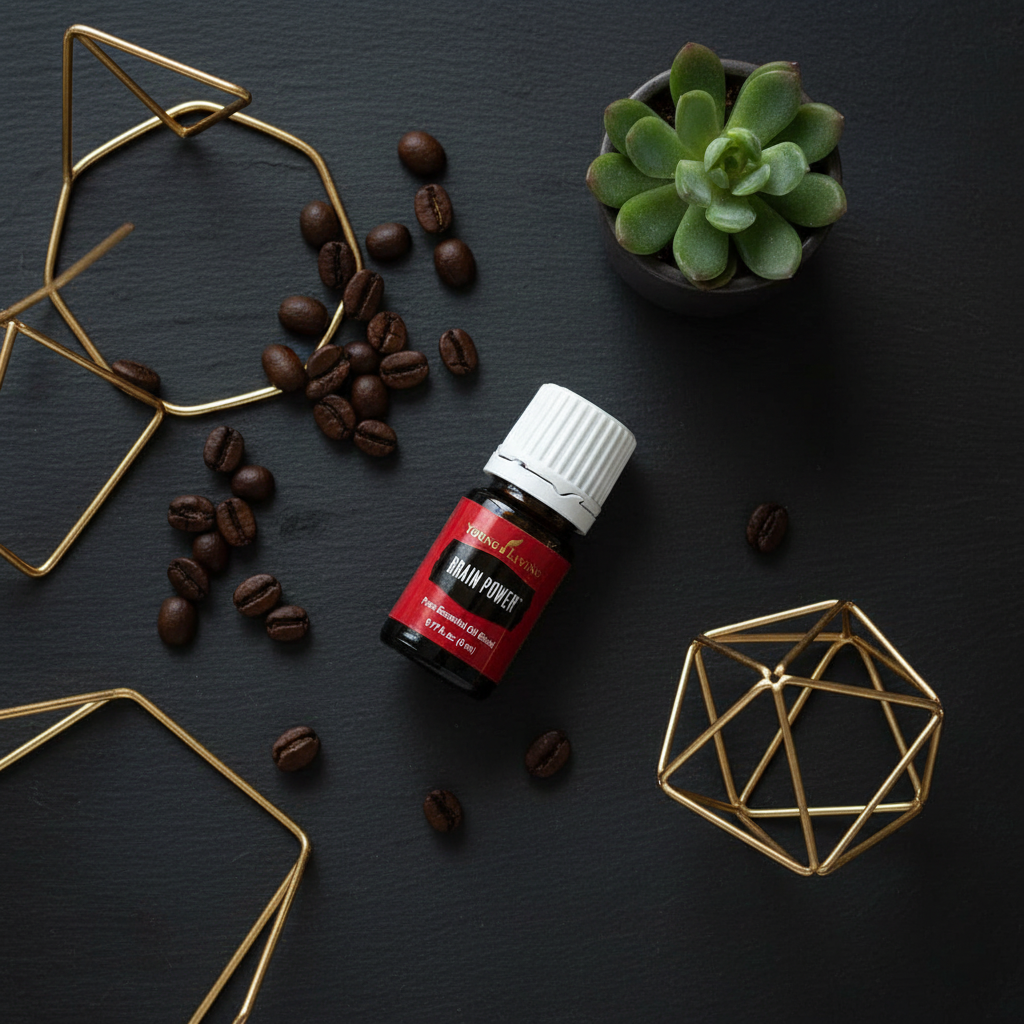 Brain Power essential oil moody dark slate flat lay
