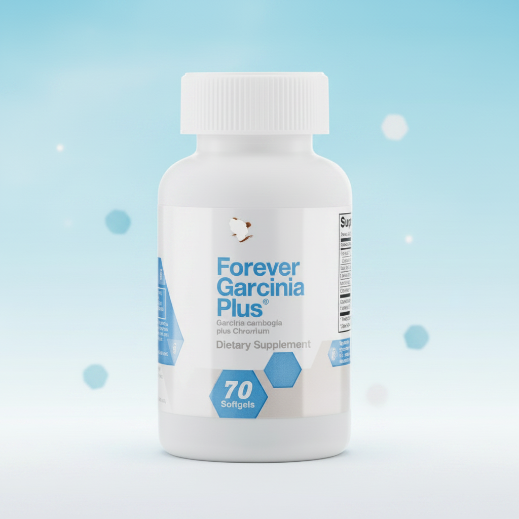 Forever Garcinia Plus bottle on pastel sky blue and white background
