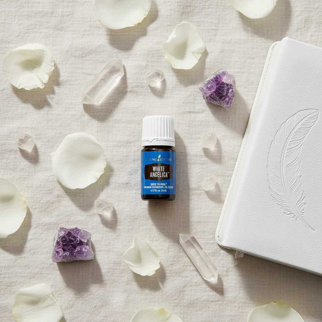 Flat lay of White Angelica oil bottle with rose petals, crystals and journal