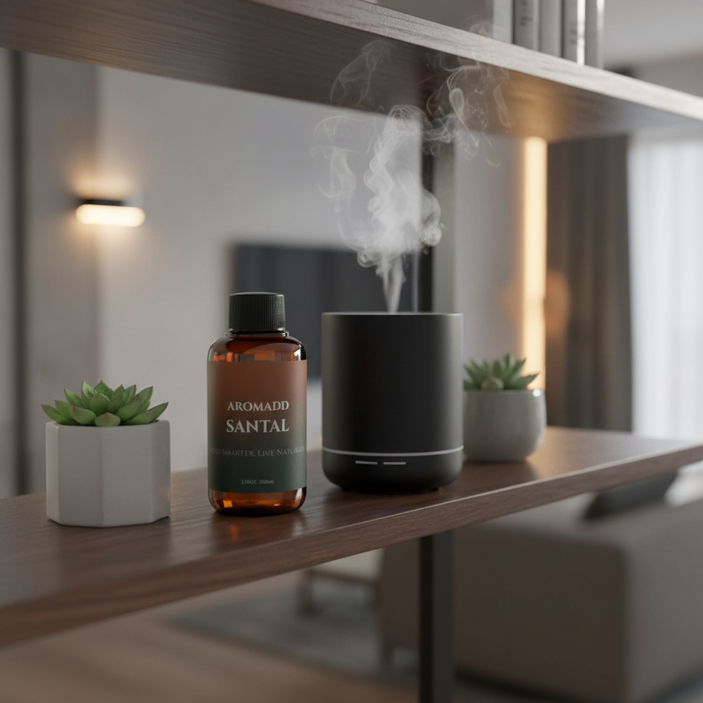 Santal bottle beside black diffuser on dark wood shelf