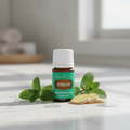 AromaEase essential oil on marble with peppermint leaves and ginger root