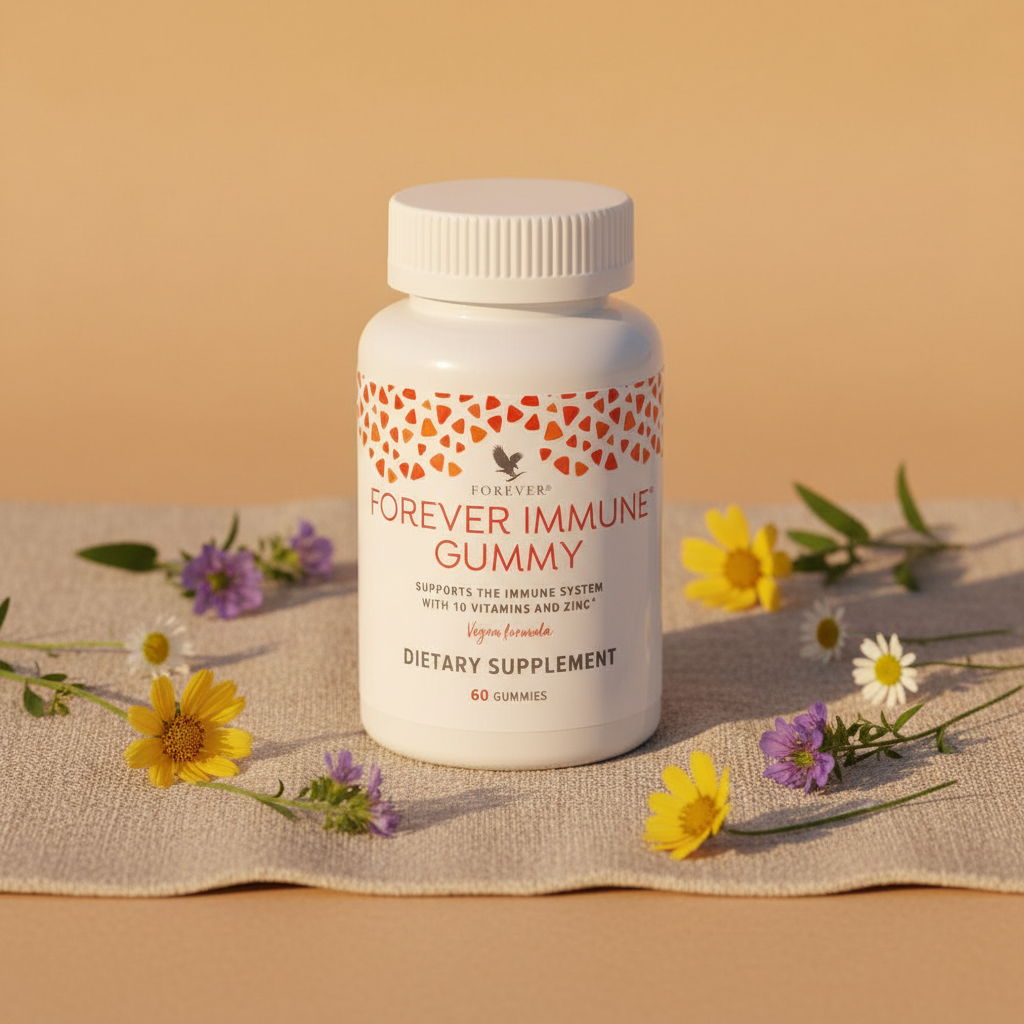 Forever Immune Gummy bottle on sandy beige with wildflowers