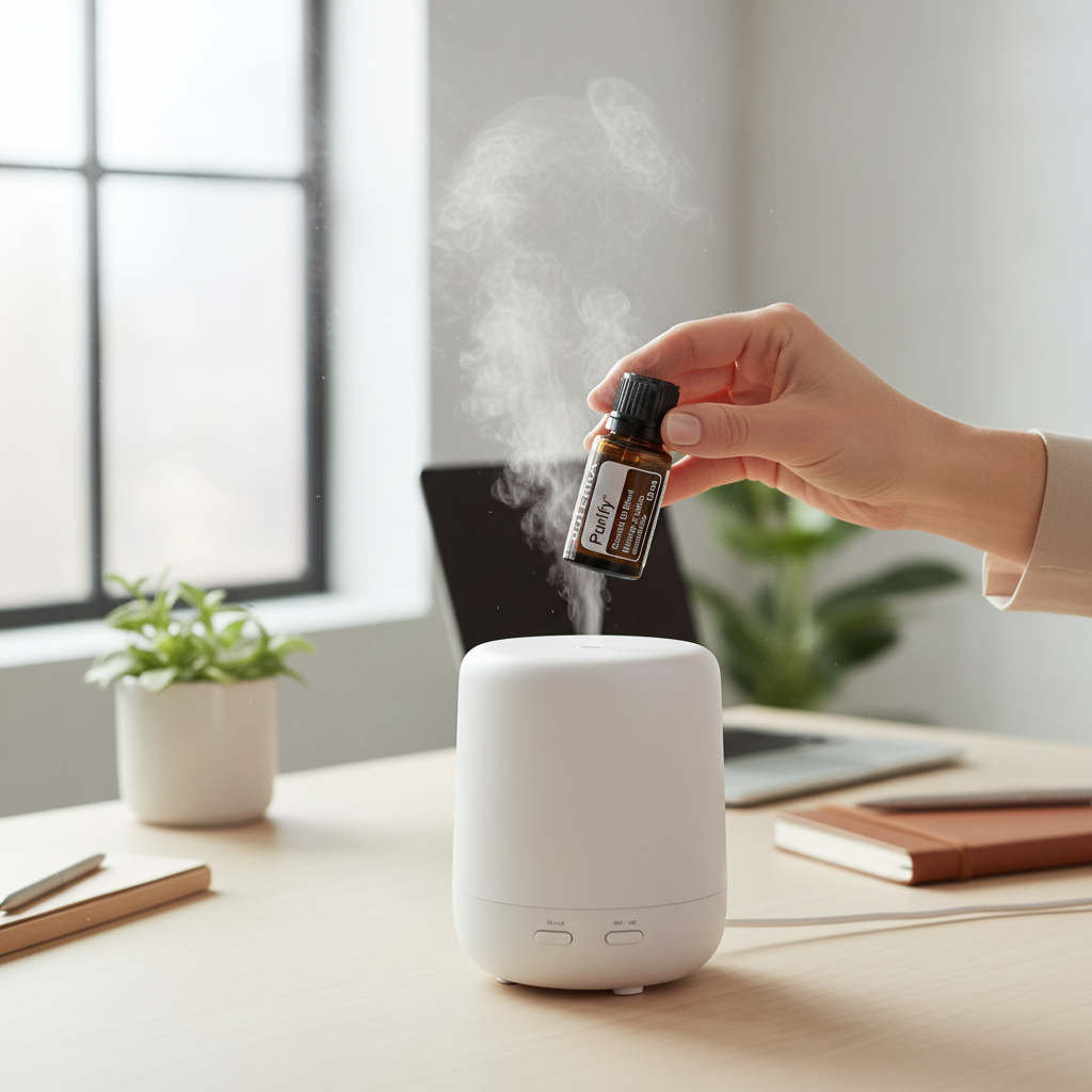 Woman adding doTERRA Purify drops to diffuser in home office