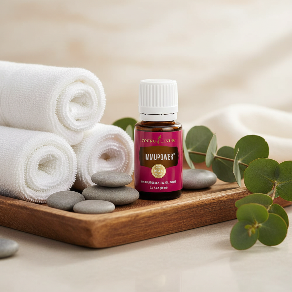 ImmunPower bottle on wooden spa tray with white towels, smooth stones and eucalyptus
