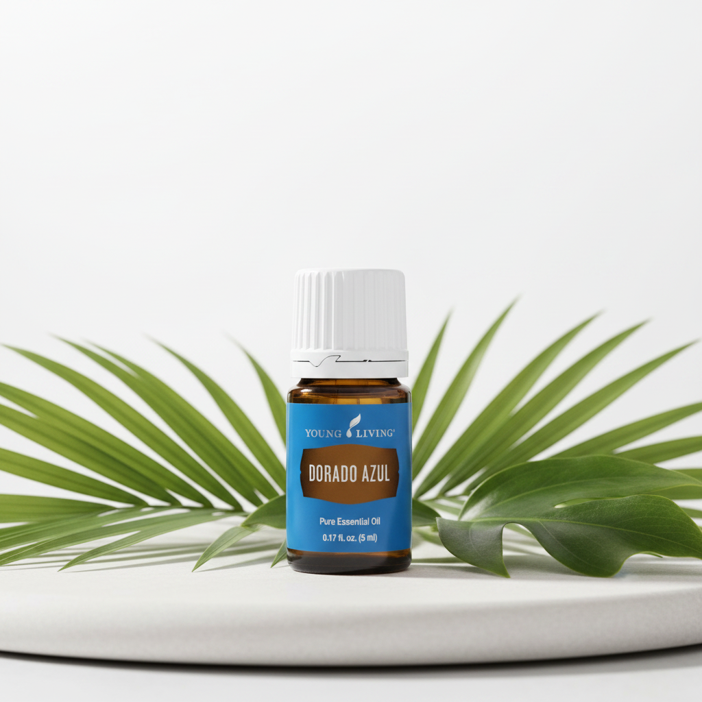 Dorado Azul essential oil bottle with tropical leaves on spa surface