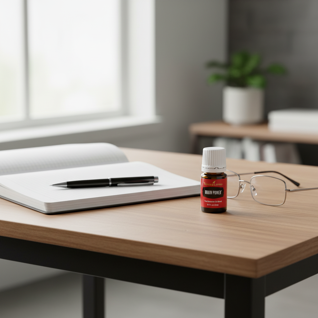 Brain Power essential oil on productivity desk with notebook