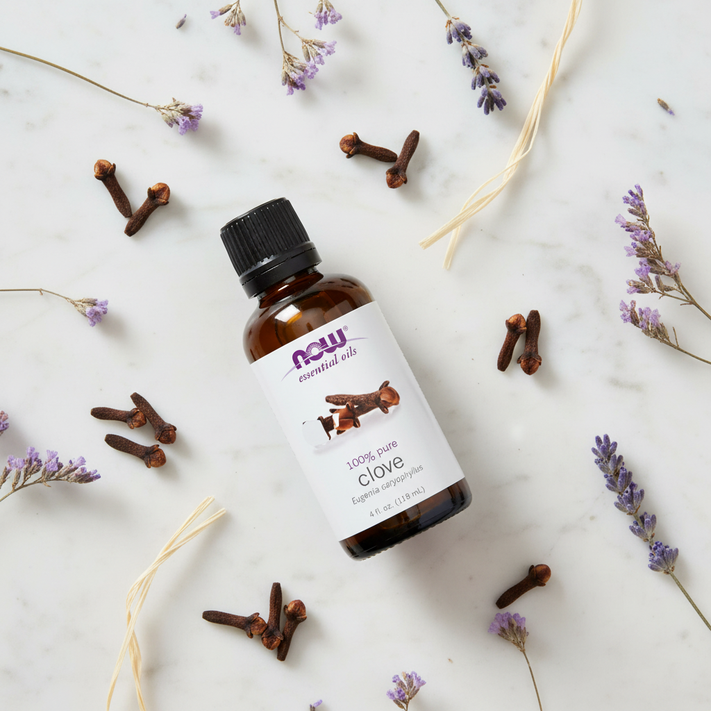 NOW Clove Oil flat lay with botanicals