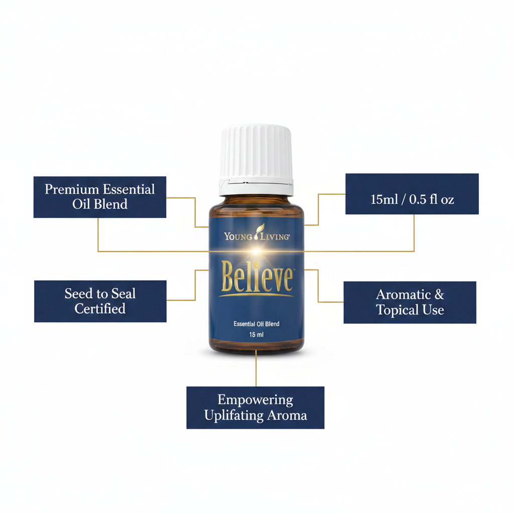 Believe essential oil key benefits infographic