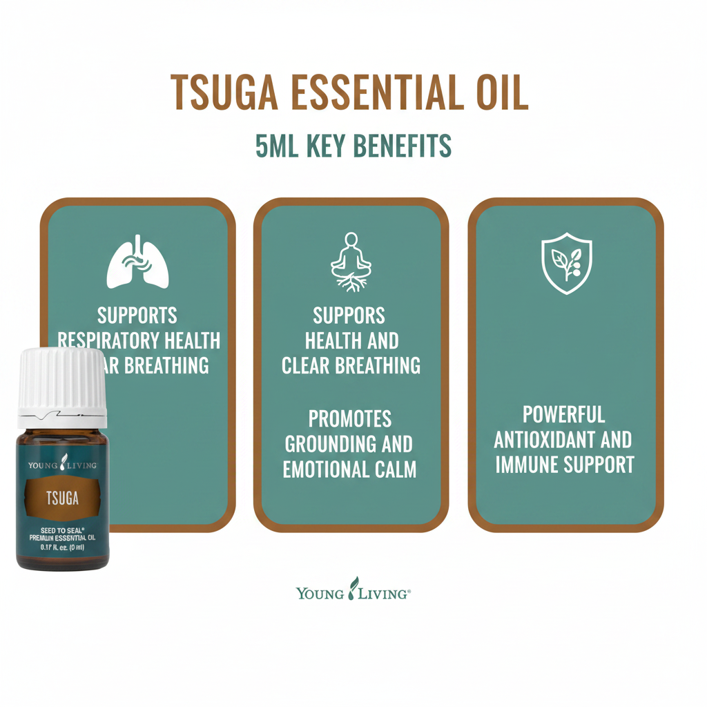 Tsuga Essential Oil key benefits infographic