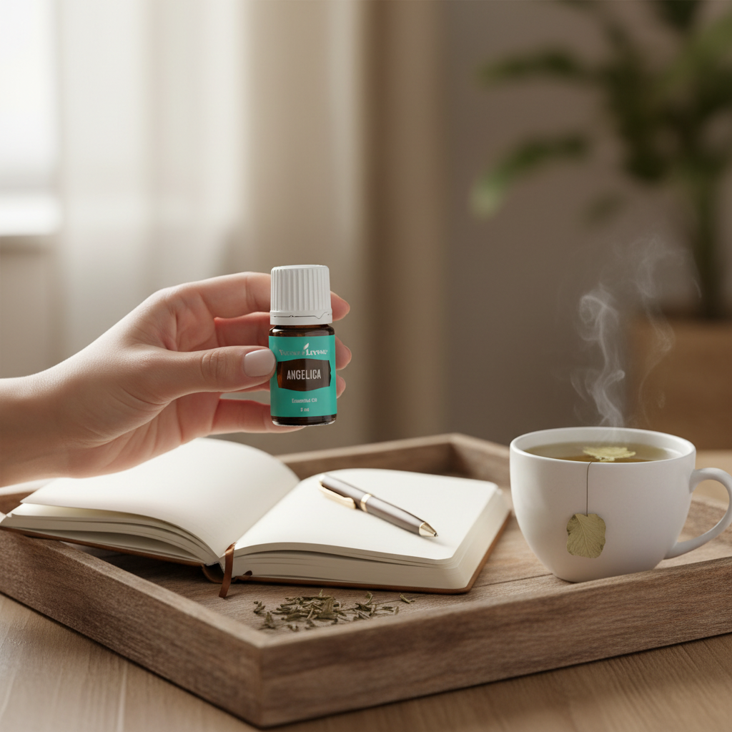 Angelica essential oil with journal and tea