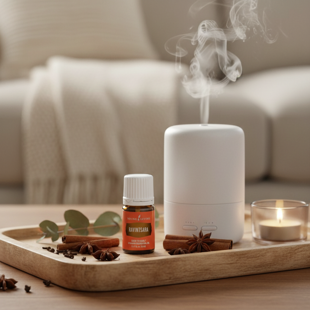 Ravintsara essential oil next to ceramic diffuser with mist, cozy wellness setting