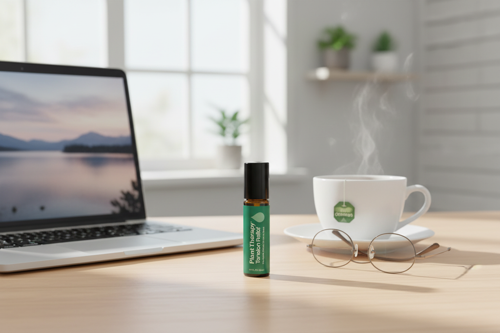 Plant Therapy Tension Relief Roll-On on work desk