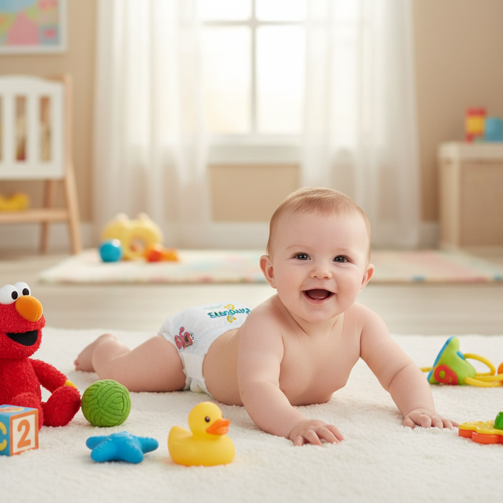 Happy baby wearing Pampers diaper on white blanket