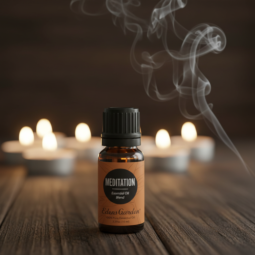 Edens Garden Meditation bottle close-up with candlelight and incense smoke bokeh
