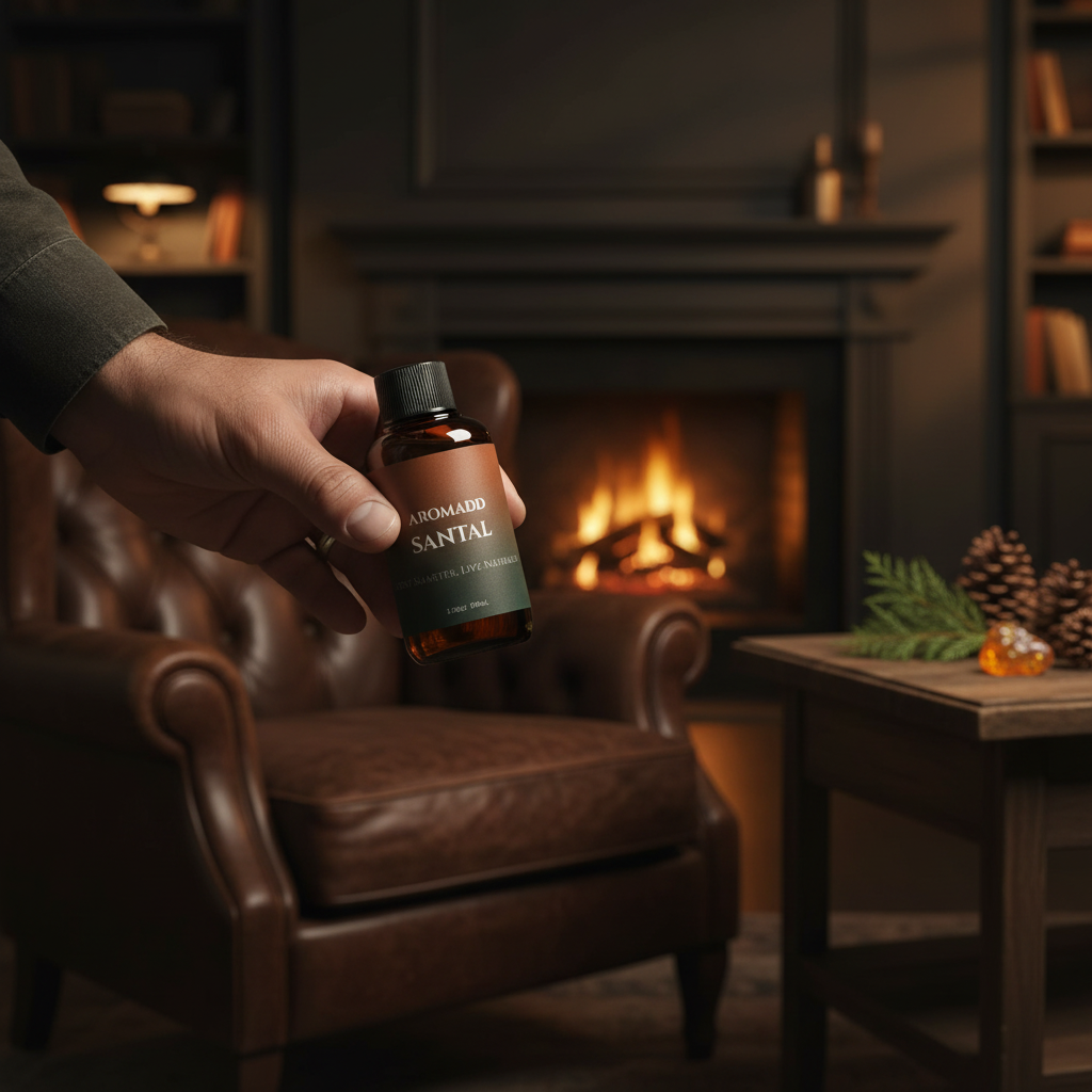 Hand holding Santal bottle in cozy reading nook with fireplace