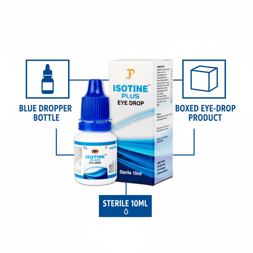 Isotine Plus Eye Drop infographic with bottle, box, and sterile 10ml callouts
