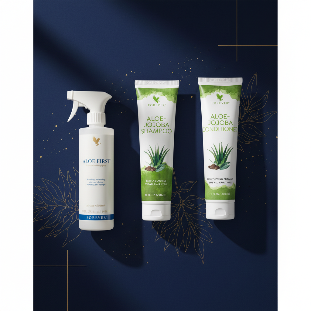 Forever dandruff treatment bundle on deep navy and gold background