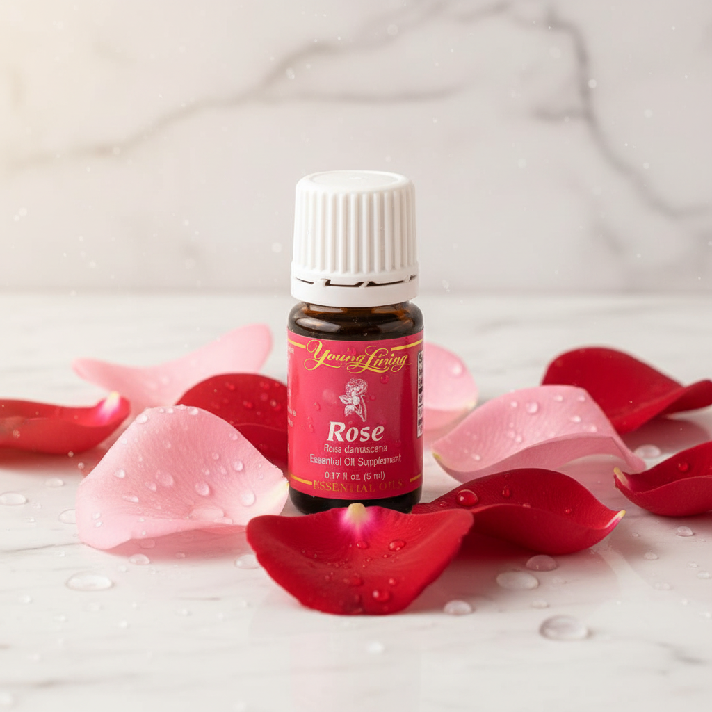Young Living Rose Essential Oil on marble with fresh red and pink rose petals