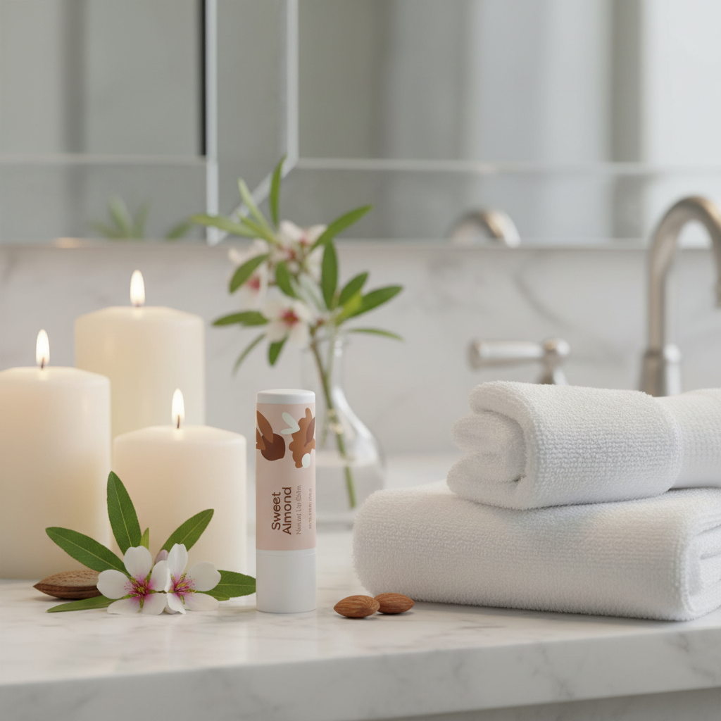 Sweet Almond Natural Lip Balm in luxury spa bathroom setting