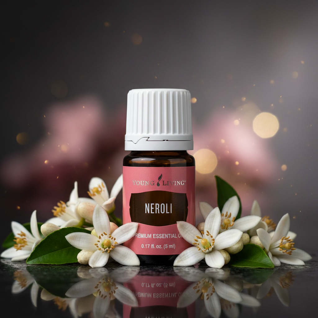 Young Living Neroli Essential Oil with scattered blossoms dark romantic background