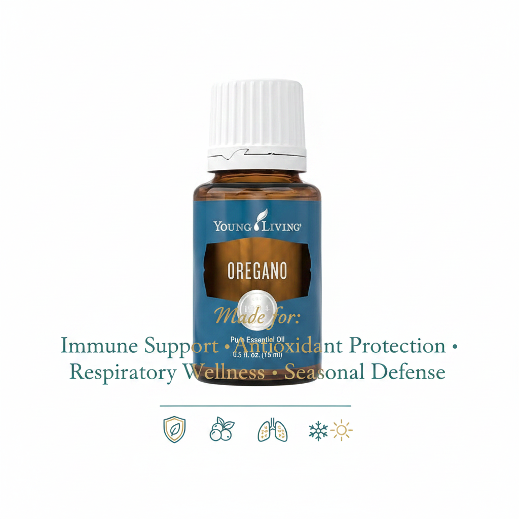 Oregano essential oil infographic - Made for Immune Support, Antioxidant Protection, Respiratory Wellness, Seasonal Defense