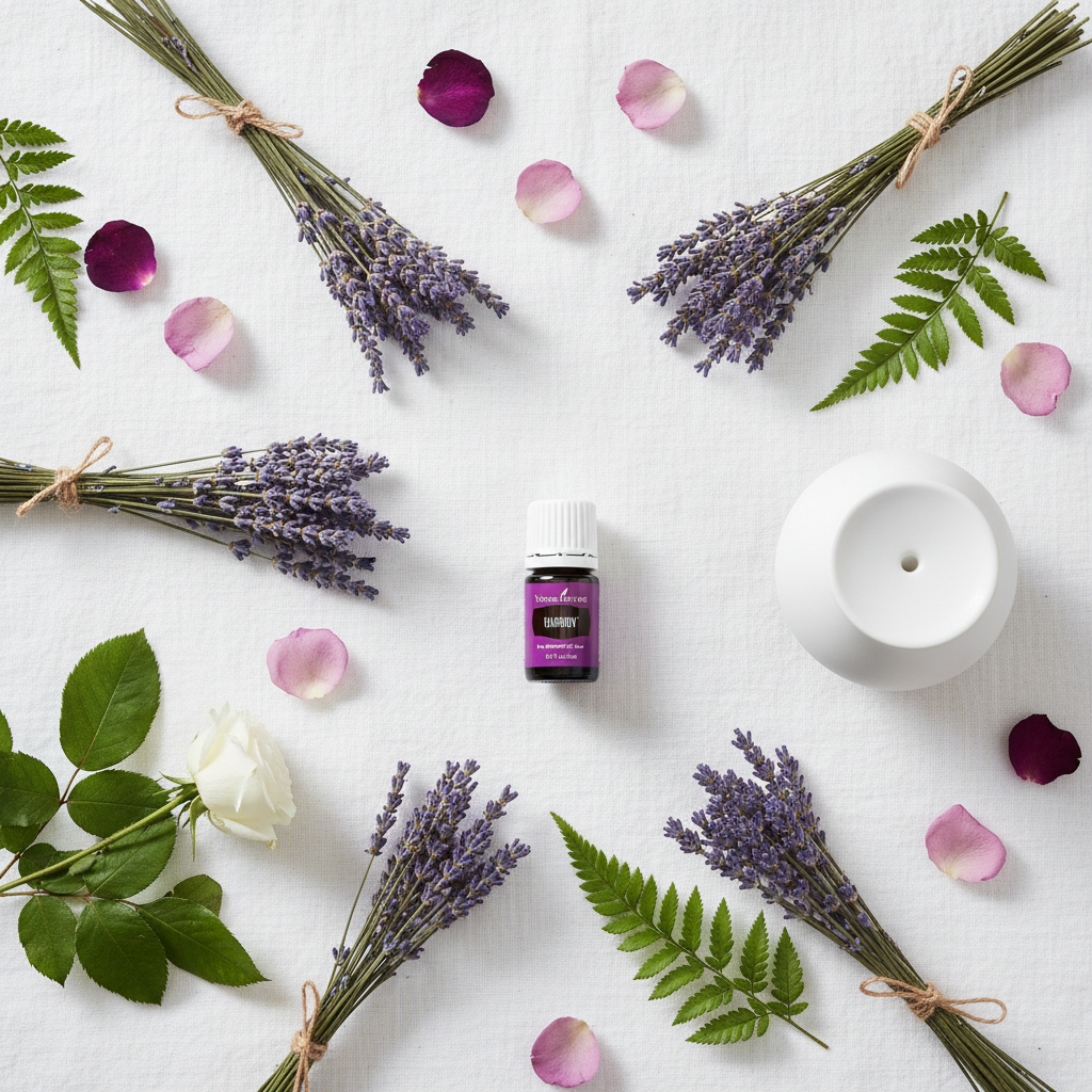 Young Living Harmony essential oil flat lay on white linen with lavender and roses