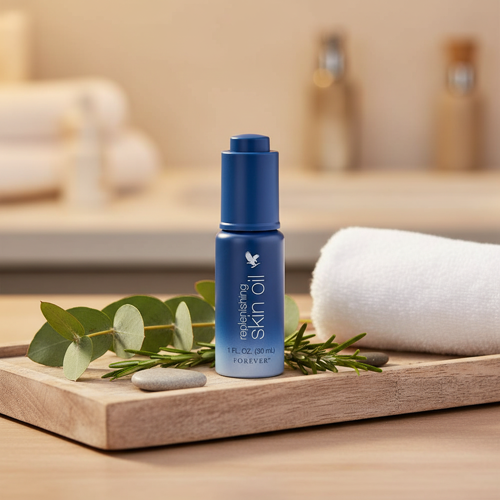 Nourishing skin oil spa lifestyle shot on wooden tray