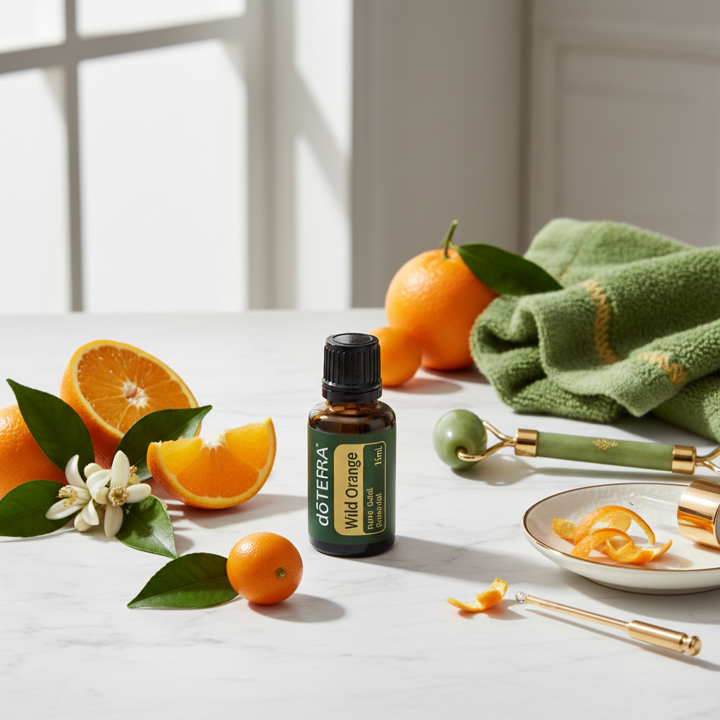 doTERRA Wild Orange Essential Oil with fresh oranges and blossoms on marble surface