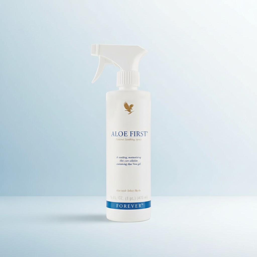 Forever Aloe First Spray on pastel blue and white background