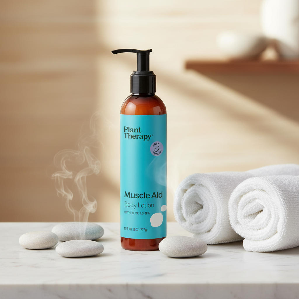 Plant Therapy Muscle Aid Body Lotion spa lifestyle on marble