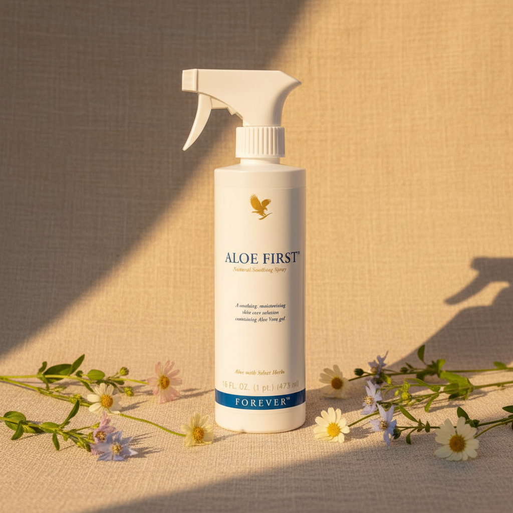 Forever Aloe First Spray on sandy beige with wildflowers