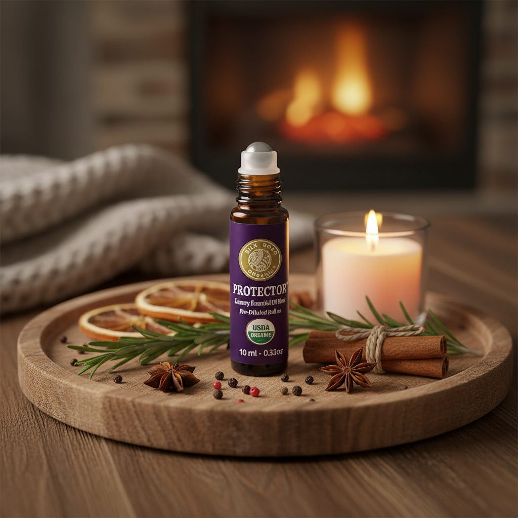Protector roll-on on wooden tray with autumn botanicals