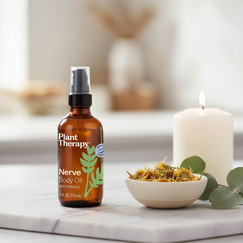 Plant Therapy Nerve Body Oil on marble with arnica flowers and candle