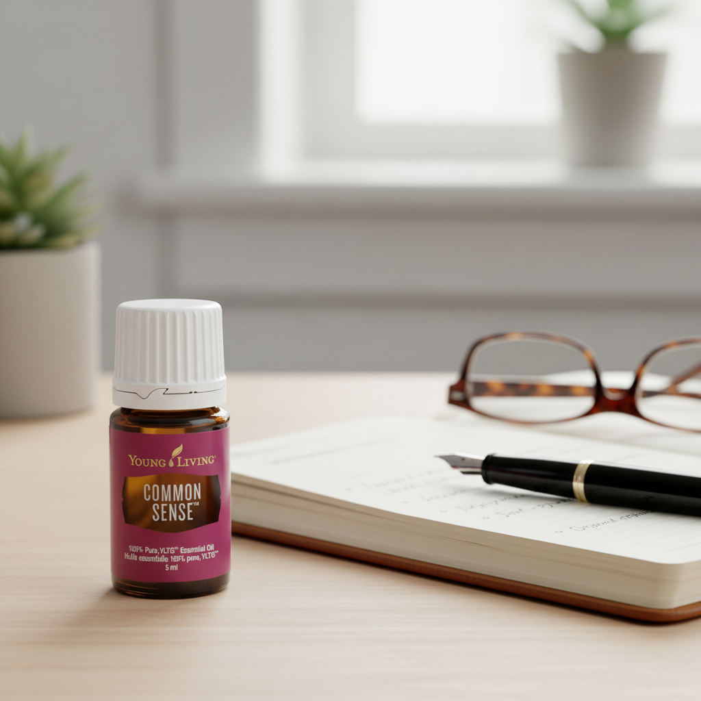 For Decision-Making & Rational Thinking — Common Sense bottle on desk with journal and pen