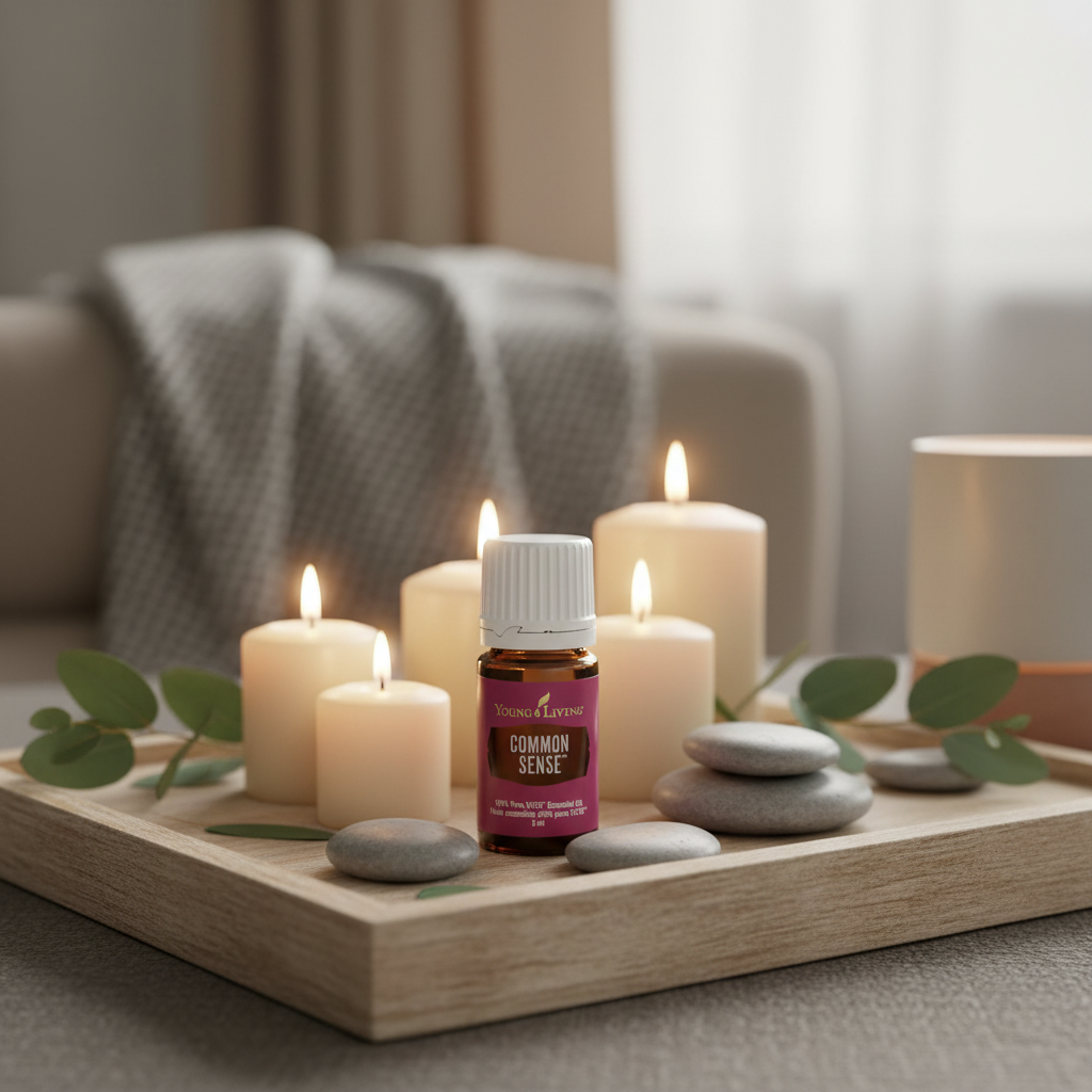 Common Sense bottle on wooden tray with candles and eucalyptus for meditation