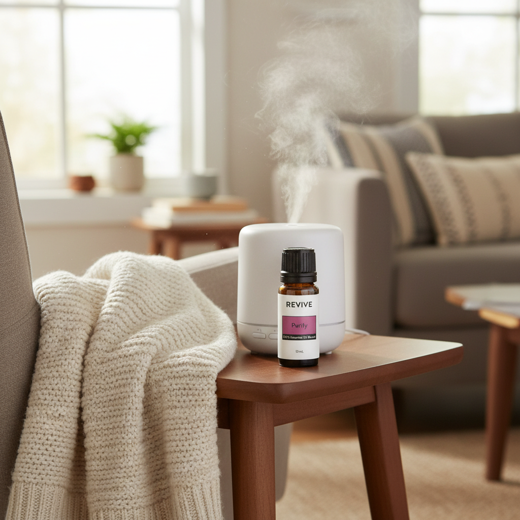 Revive Purify oil on wooden side table in cozy living room