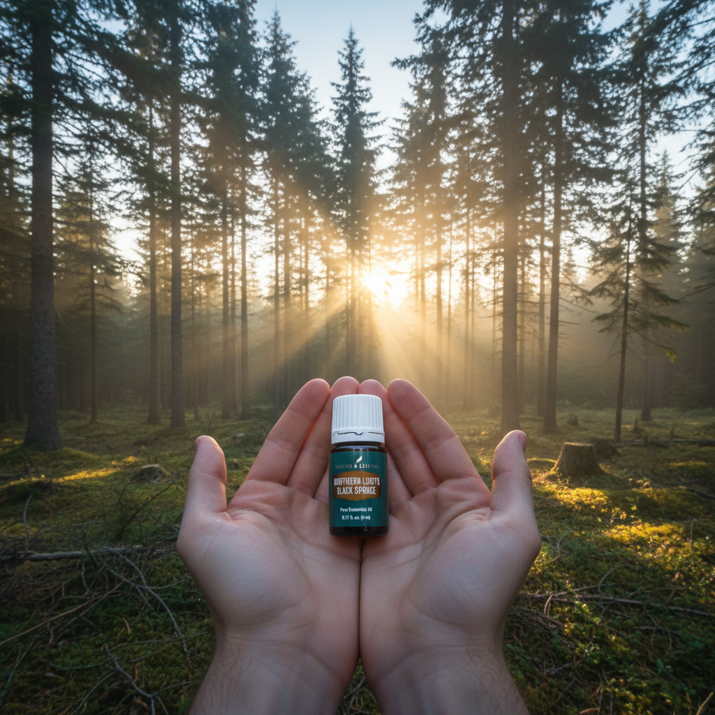 Northern Lights Black Spruce bottle held in hands at sunrise in Canadian spruce forest