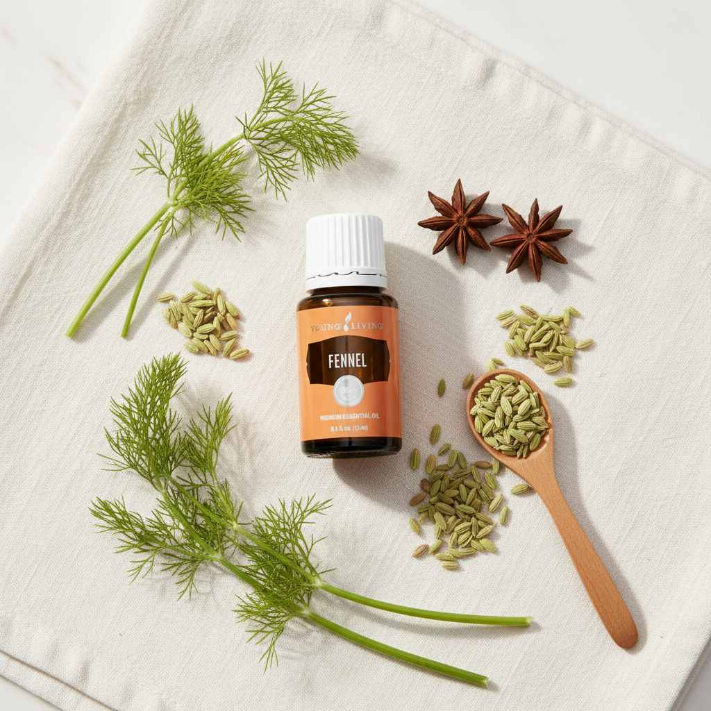 Fennel essential oil flat lay with fennel fronds and seeds on linen