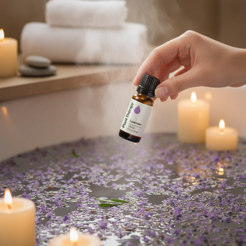 Hand holding lavender oil bottle over relaxing bath with lavender petals