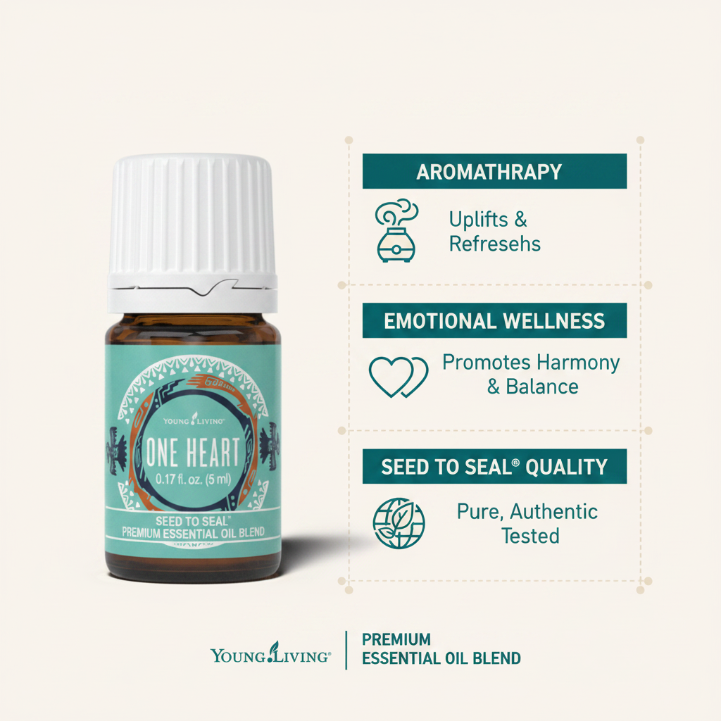 One Heart essential oil key benefits infographic