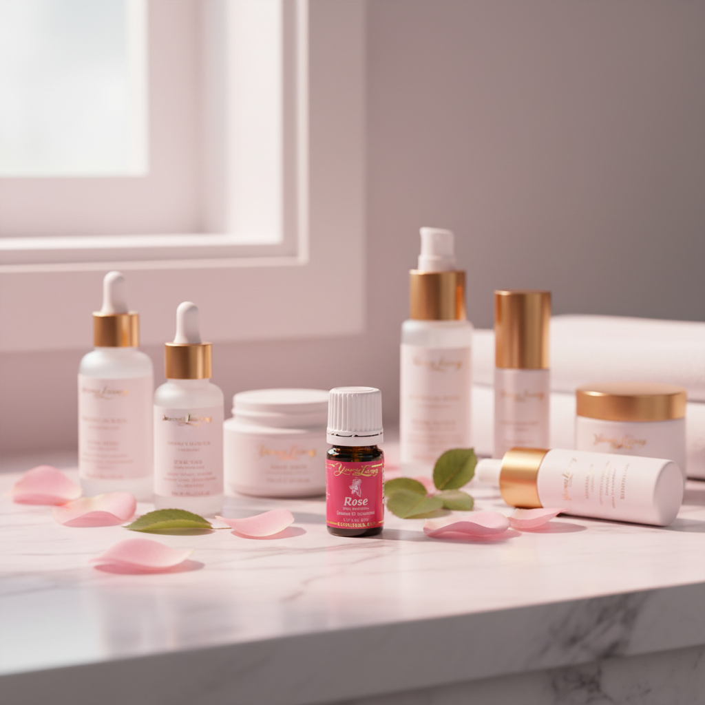 Young Living Rose Essential Oil with luxury anti-aging skincare on marble vanity