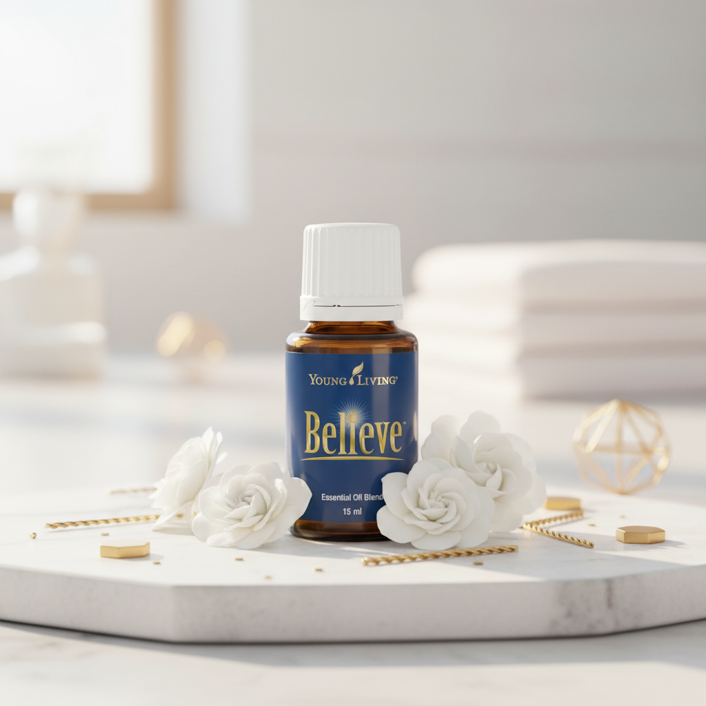 Believe essential oil on marble with white flowers