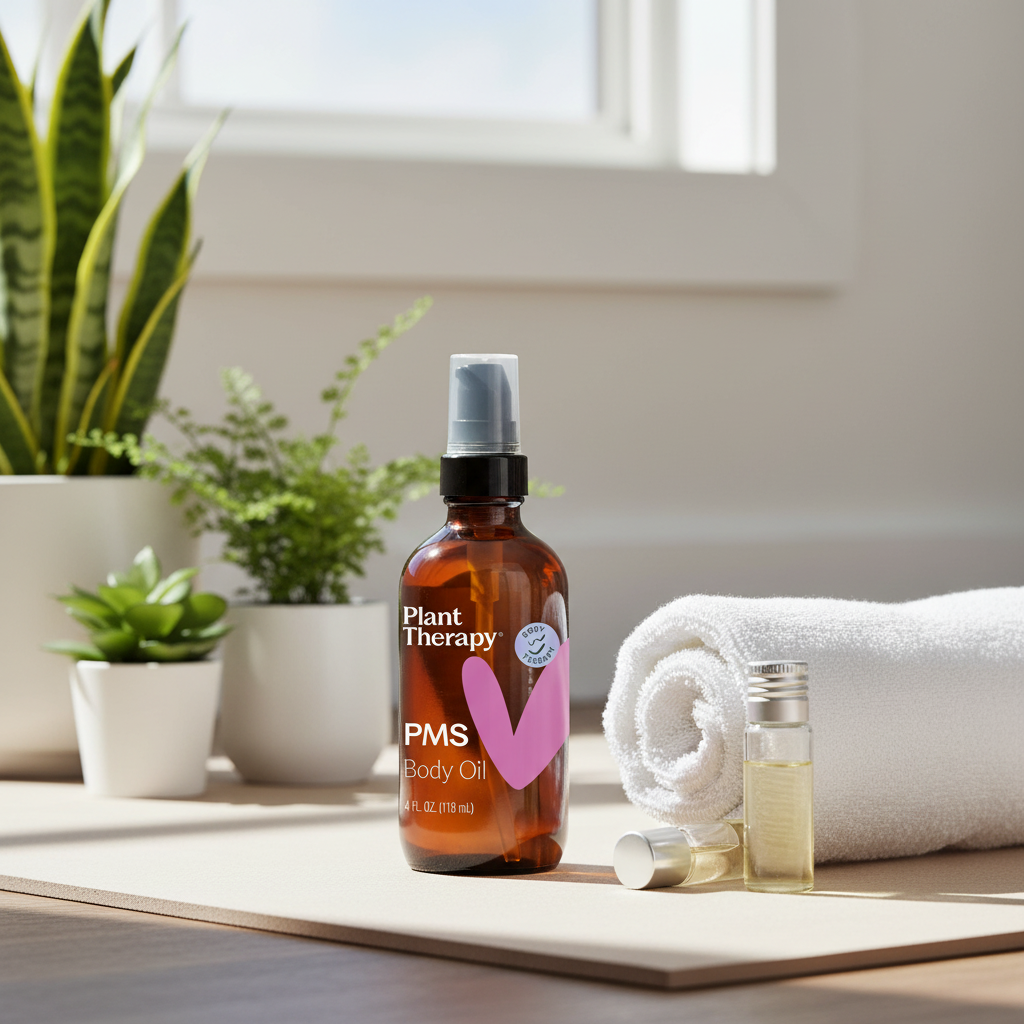 Plant Therapy PMS Body Oil on yoga mat with plants and morning light
