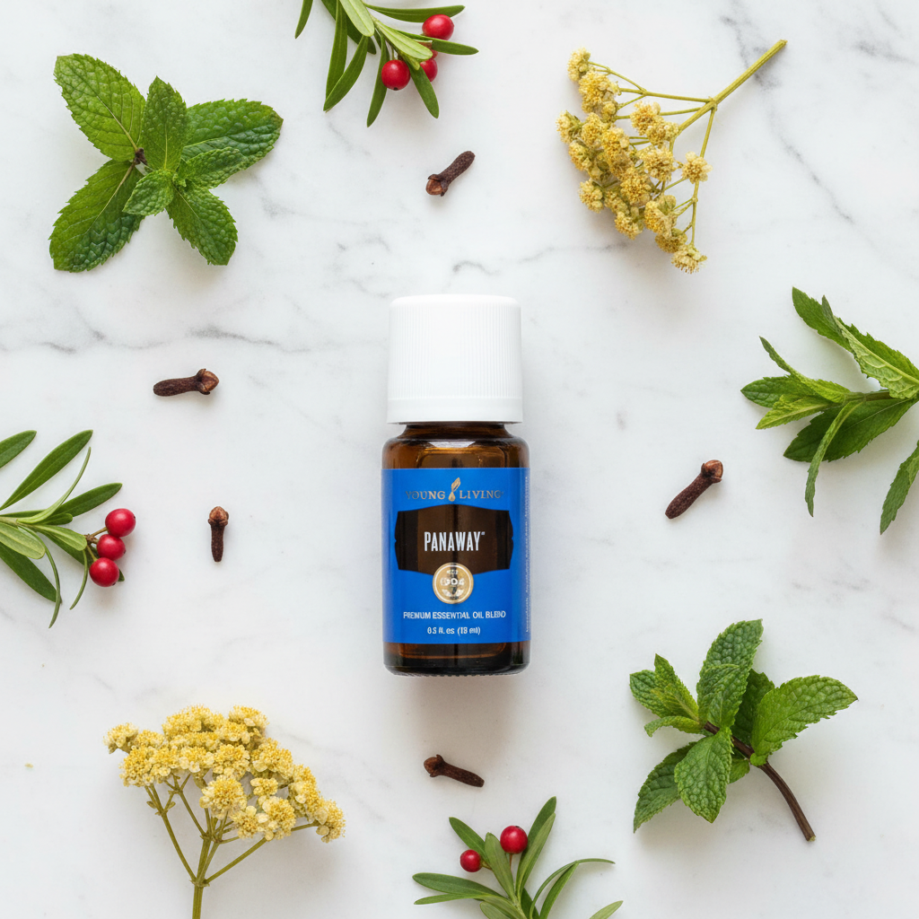 PanAway 15ml flat lay with peppermint wintergreen clove and helichrysum