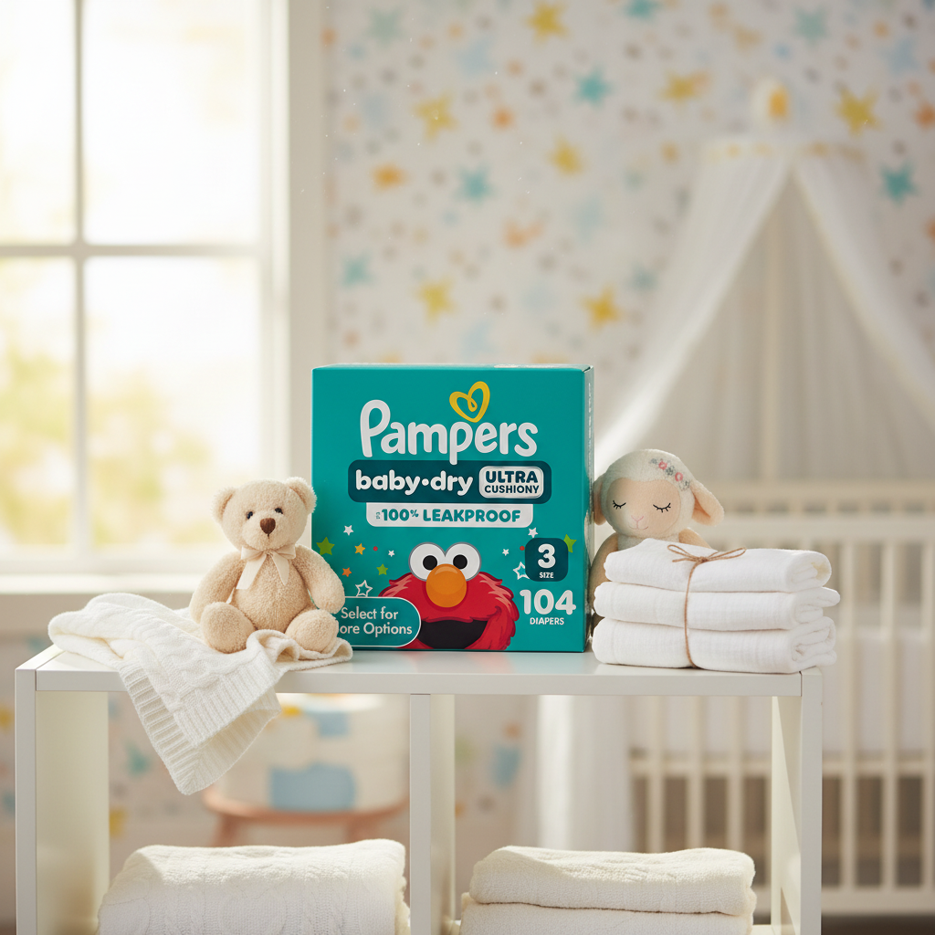 Pampers Baby Dry Size 3 box on nursery shelf with plush toys