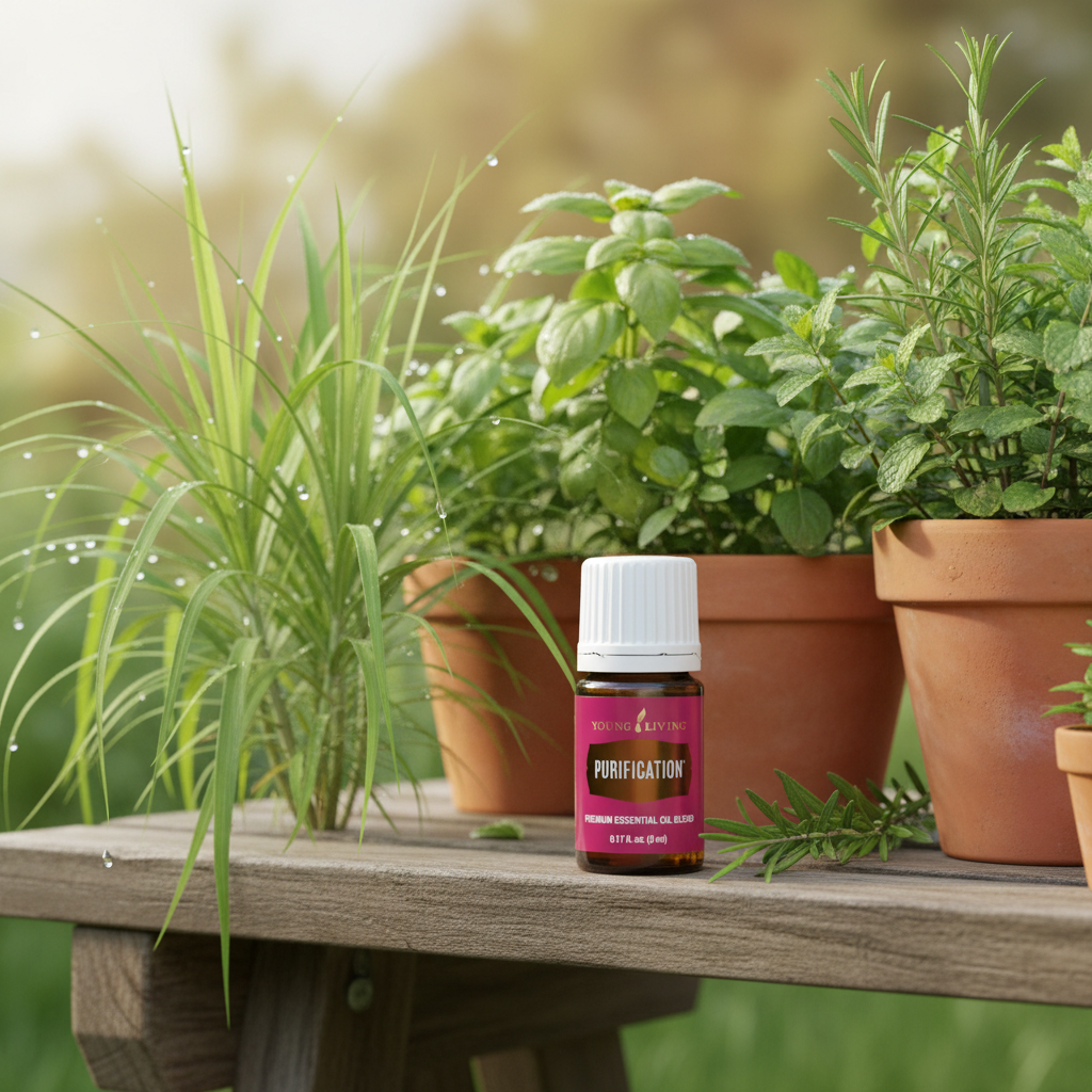Purification oil in outdoor summer garden with citronella plants and golden sunlight